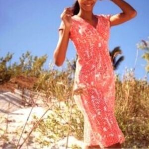 Boden Coral and White leaf shift Midi Dress faux wrap cap sleeve V neck size 6